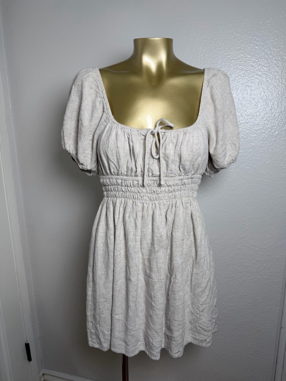 Princess Polly Cream Smocked Mini Dress with Puff Sleeves Size 4
